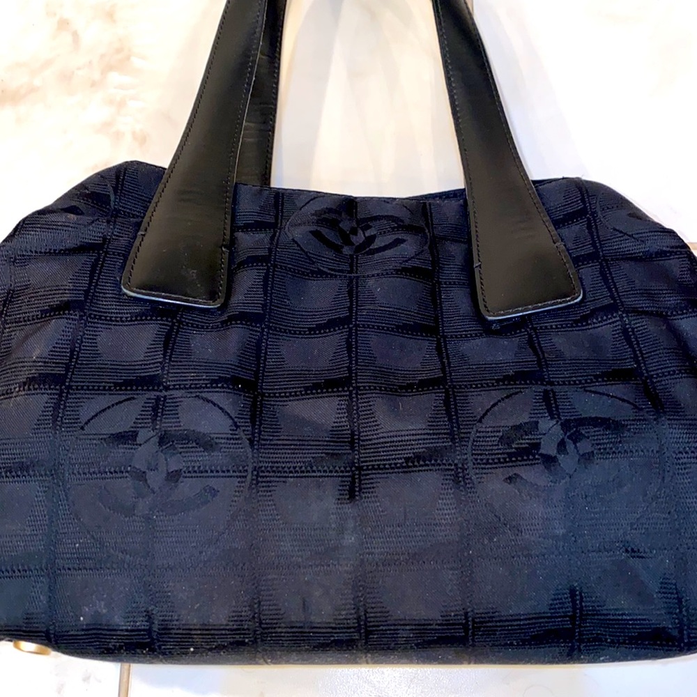 CHANEL Navy Blue Quilted Canvas Tote with Black Leather Handles